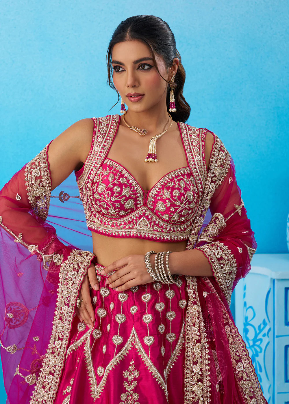 embroidered rani pink lehenga