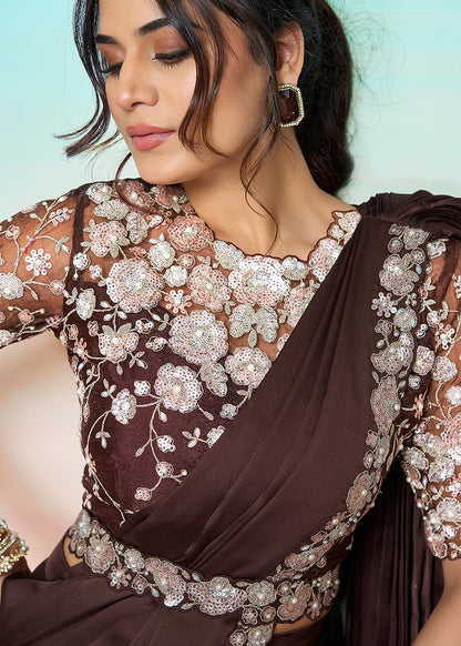 embroidered brown saree online uk