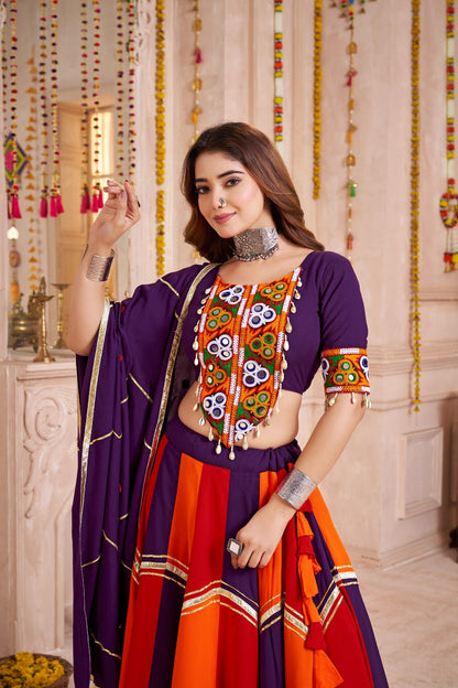 Purple-Orange Multicolor Mirror Lehenga Choli with Handmade Dupatta