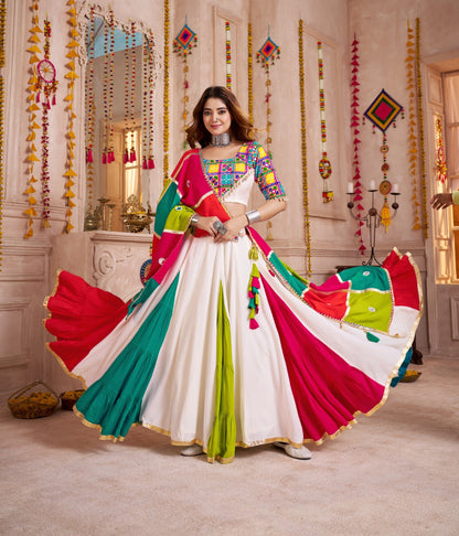 Multicolor Mirror Work Navratri Lehenga Choli with Handmade Patch Dupatta