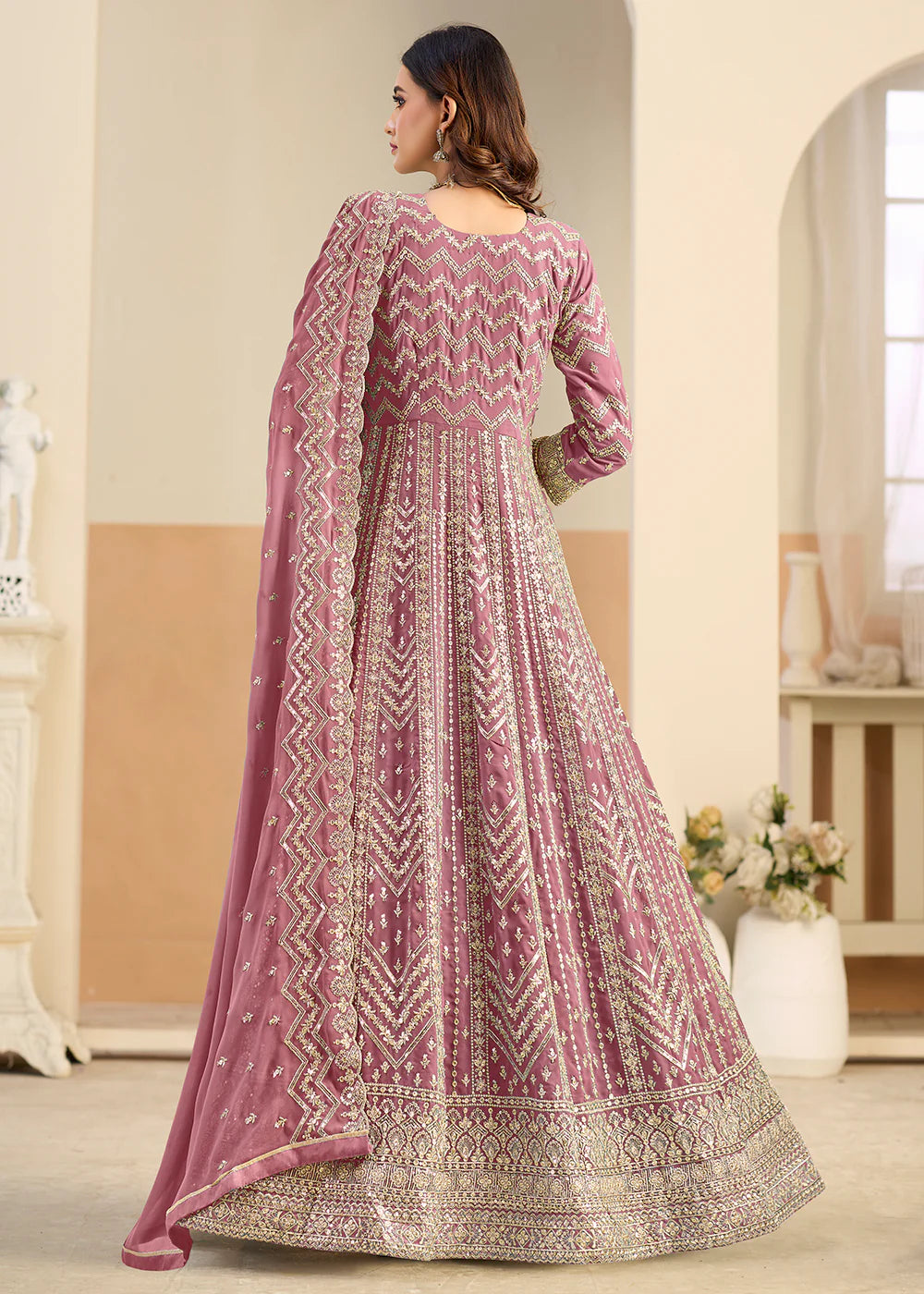 embroidered rose pink anarkali gown