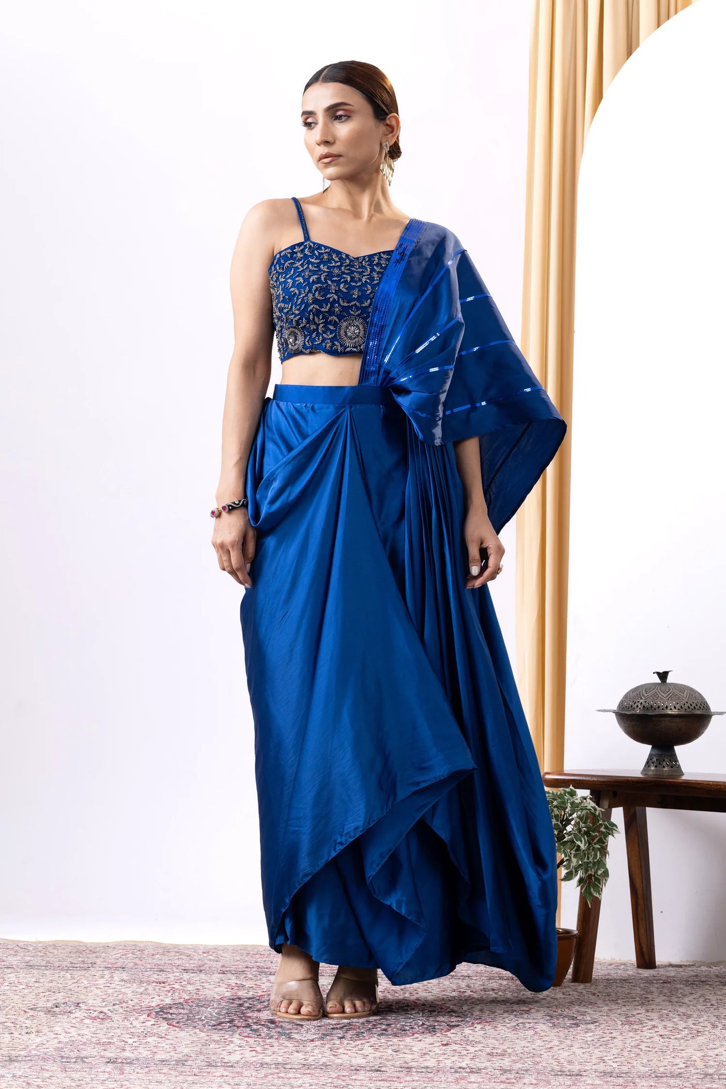 indian cocktail saree royal blue