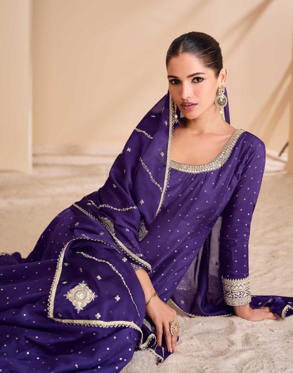 Purple Viscose Jacquard Silk Gown with Dupatta for Indian Festival and Wedding – Embroidery, Mirror Work