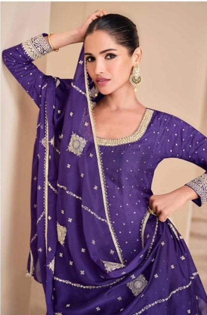 Purple Viscose Jacquard Silk Gown with Dupatta for Indian Festival and Wedding – Embroidery, Mirror Work