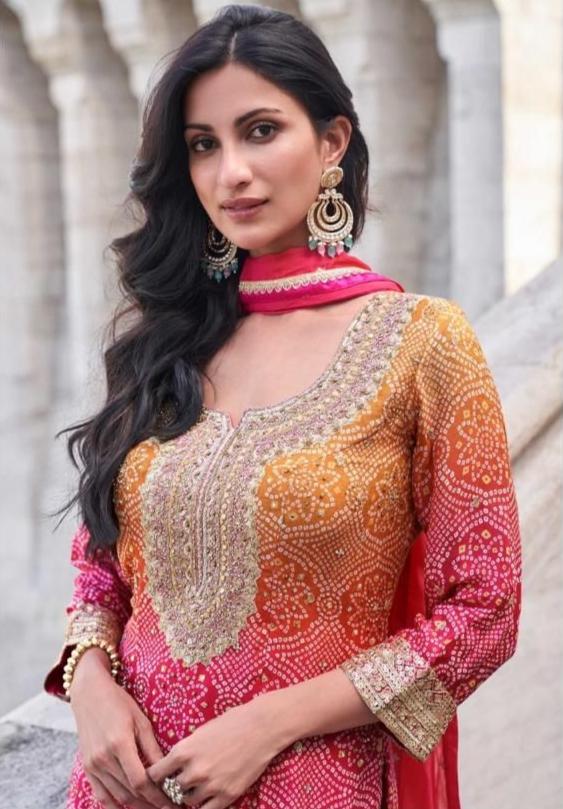 Ombre Orange & Pink Sharara Suit with Intricate Embroidery