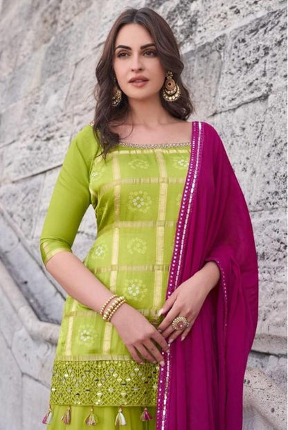 Chinon Silk Lime Green Sharara for Wedding & Festive Wear