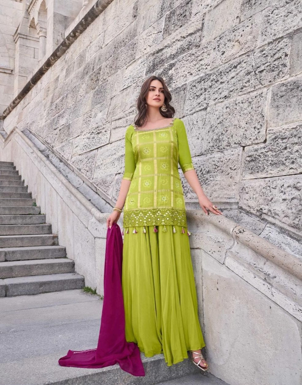 Chinon Silk Lime Green Sharara for Wedding & Festive Wear