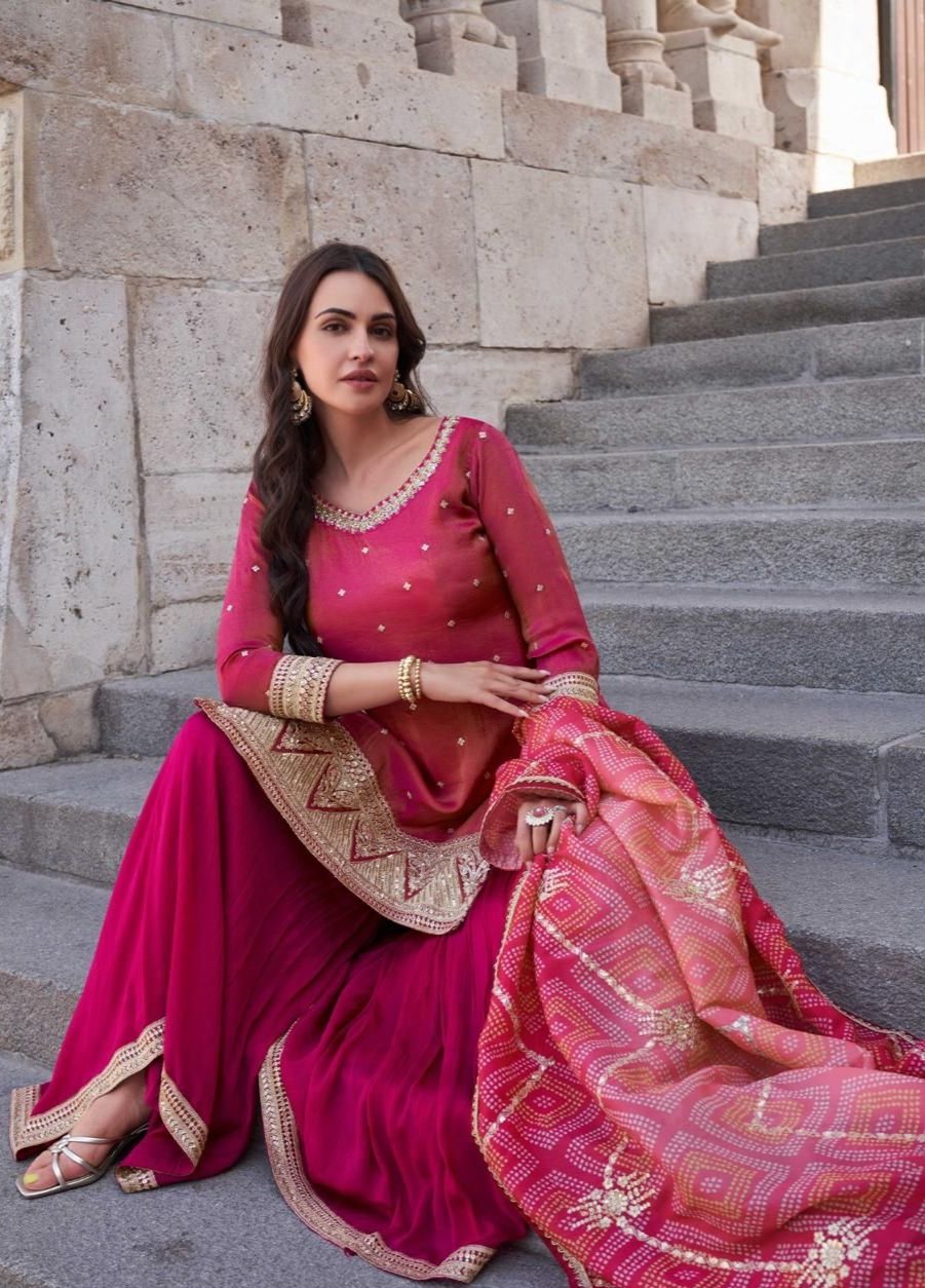 Elegant Magenta Sharara Suit with Embroidery Work