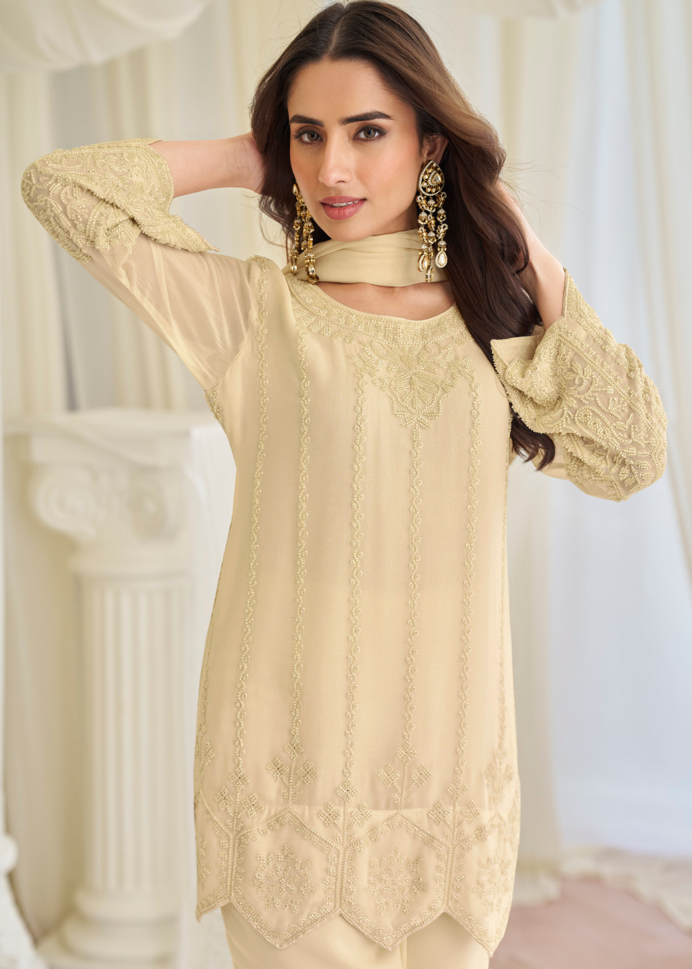 beige embroidered pant suit