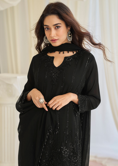 black embroidered pant suit