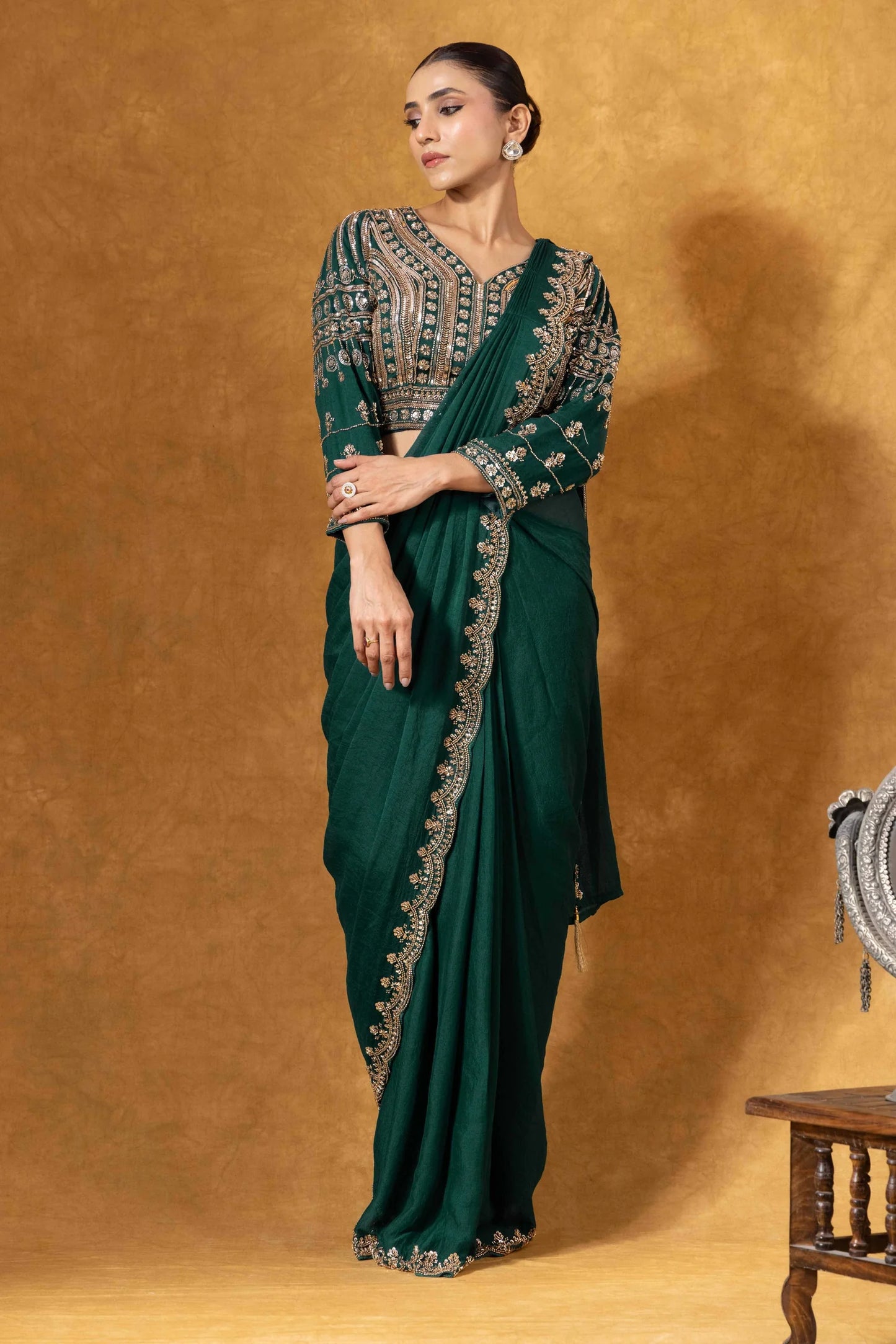 buy green embroidered saree uk