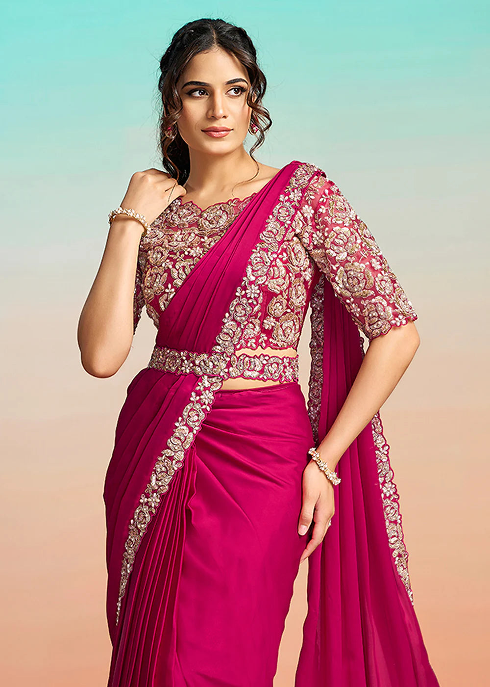 pearl work pink saree online