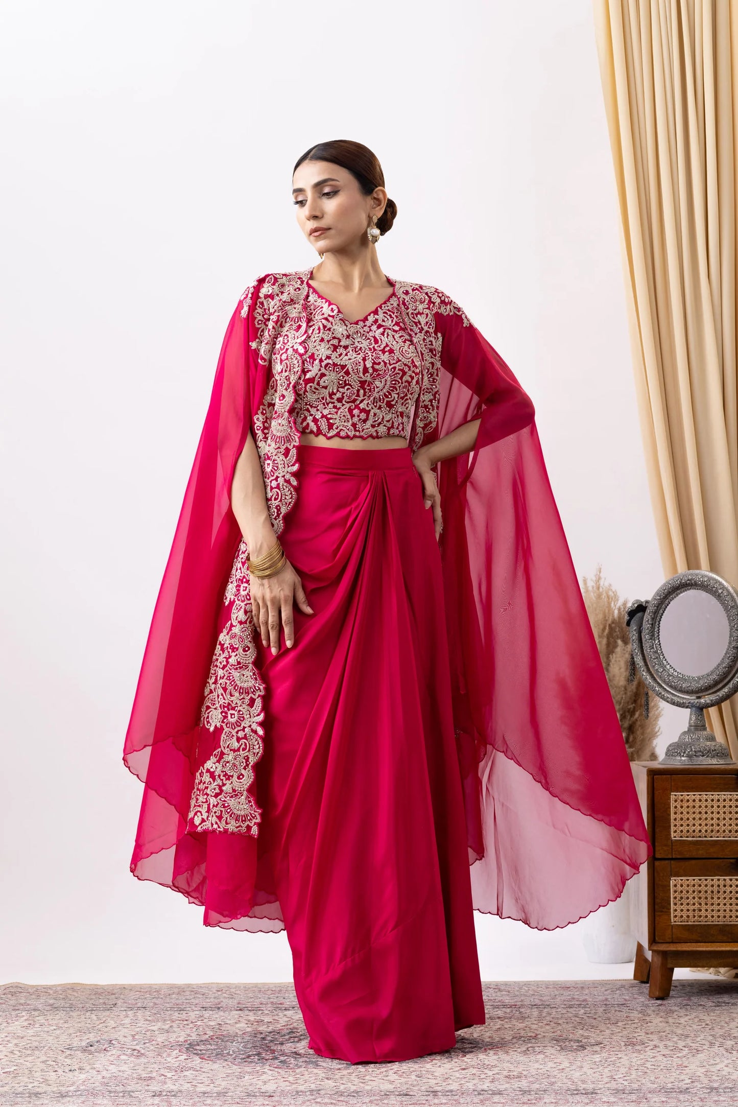 magenta pink draped outfit online uk wedding guest outfit