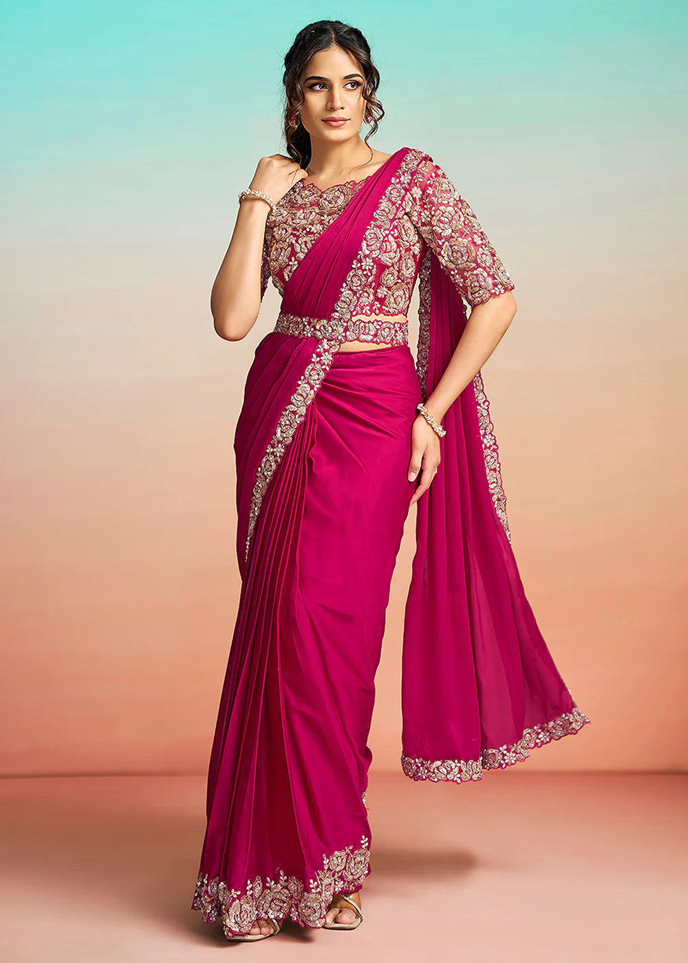buy hot pink wedding saree usa
