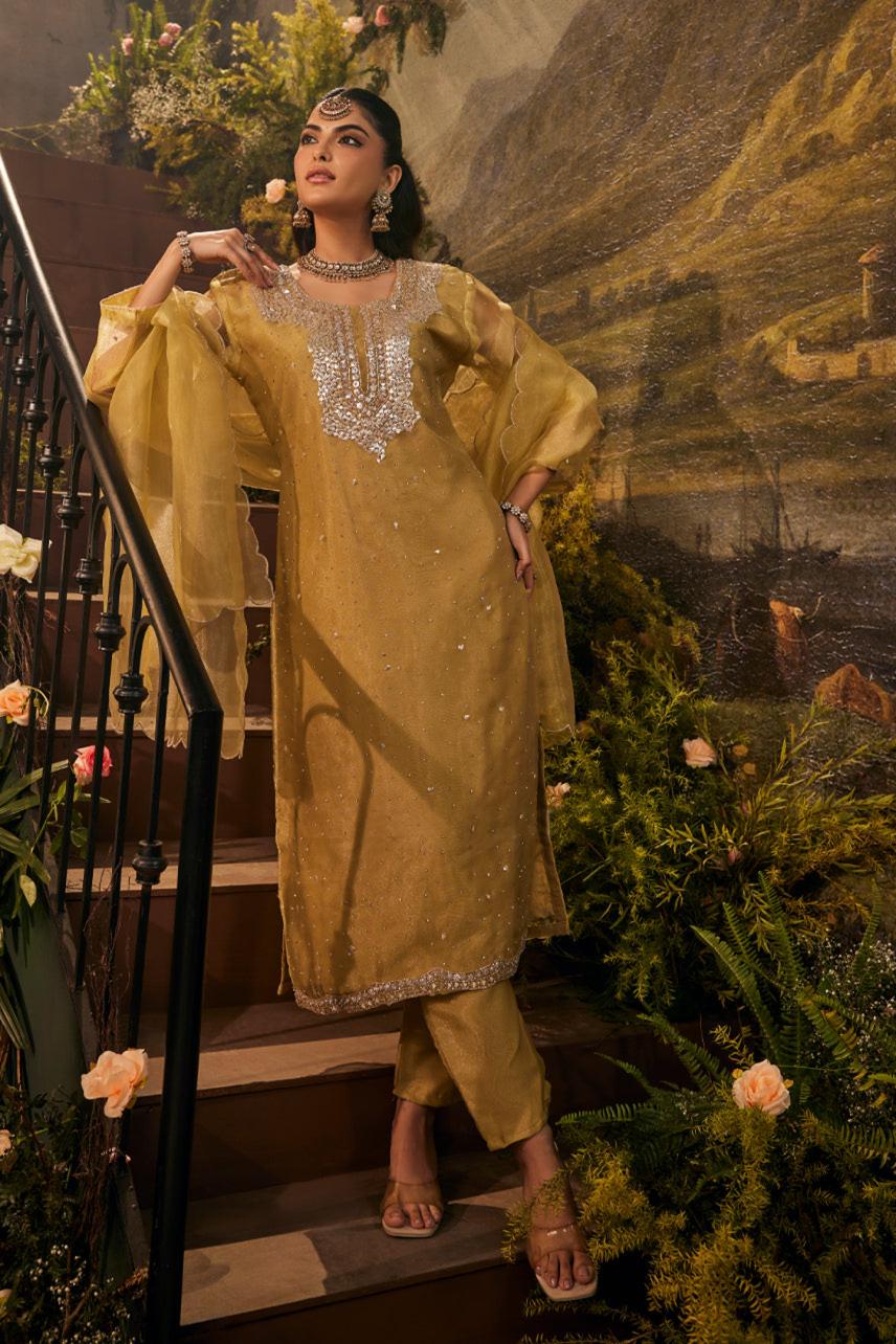 mustard organza kurti set buy online
