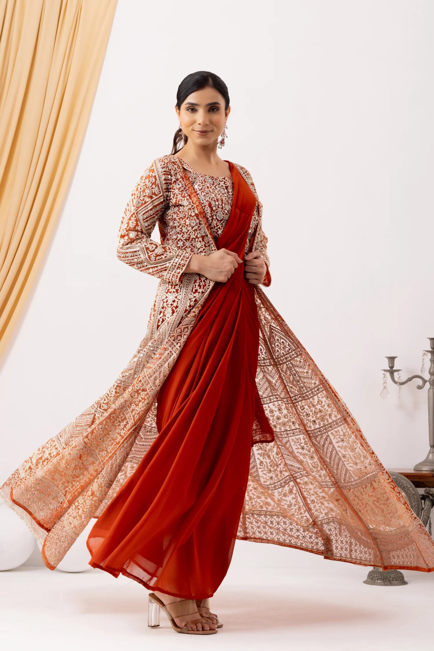 buy indo western saree usa rust orange draped saree