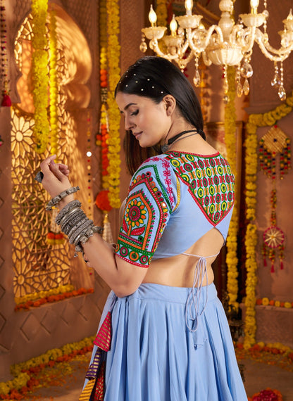 Light Blue Chaniya Choli with Multicolor Embroidery – Navratri Garba Outfit