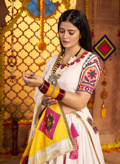 White Chaniya Choli with Yellow & Pink Embroidery – Elegant Navratri Garba Outfit