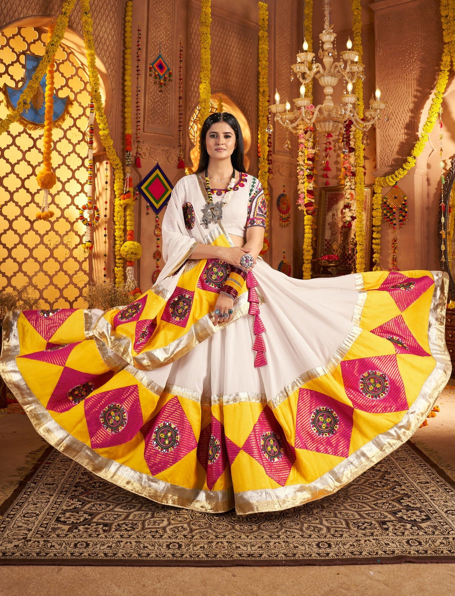 White Chaniya Choli with Yellow & Pink Embroidery – Elegant Navratri Garba Outfit