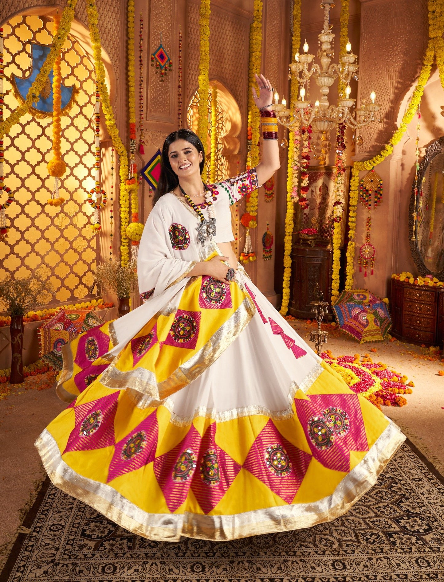 White Chaniya Choli with Yellow & Pink Embroidery – Elegant Navratri Garba Outfit
