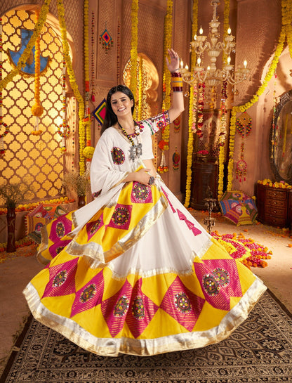 White Chaniya Choli with Yellow & Pink Embroidery – Elegant Navratri Garba Outfit