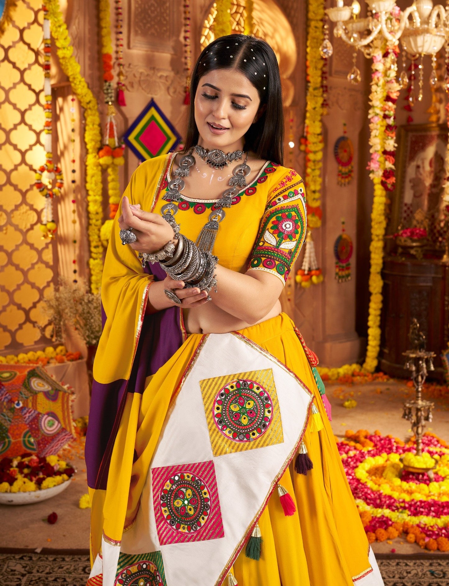 Yellow Chaniya Choli with Multicolor Embroidery – Traditional Navratri Outfit