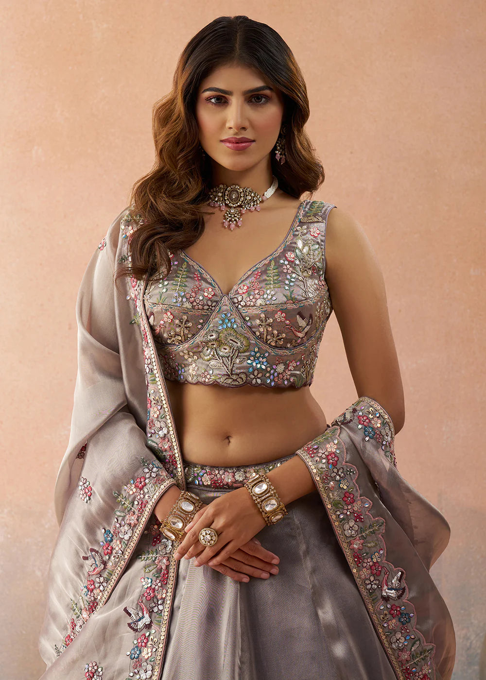 taupe grey reception lehenga