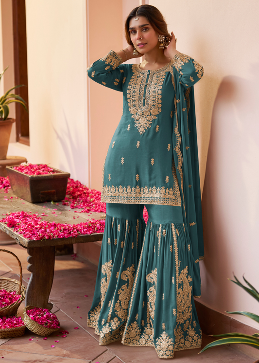 designer teal gharara suit