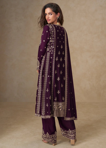 Wine Chinon Silk Palazzo Suit with Dupatta for Indian and Pakistani Party Wear