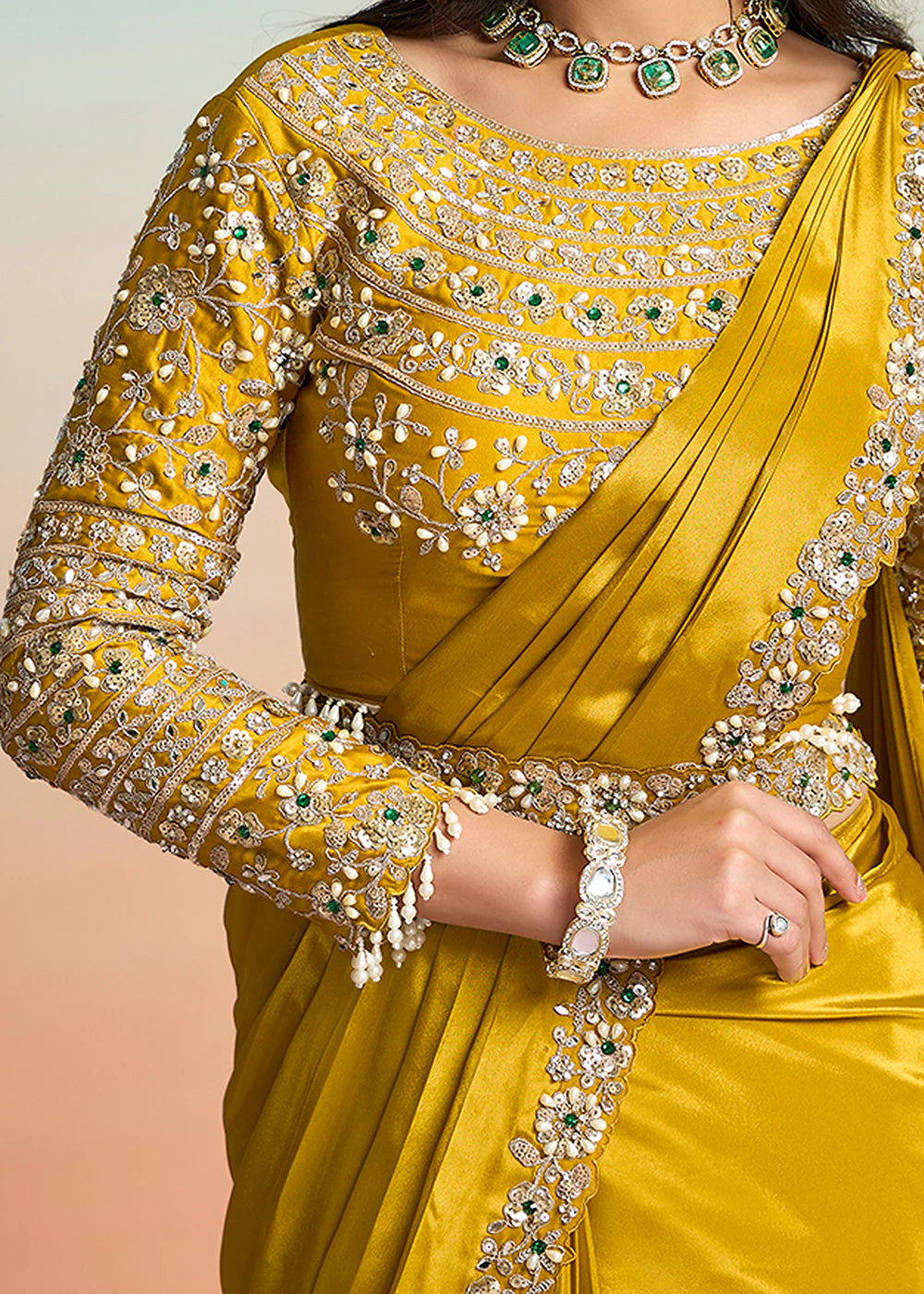 mirror work yellow saree online