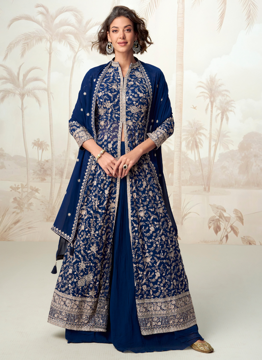 Navy Blue Georgette Embroidered Anarkali Suit with Dupatta for Indian Pakistani Festival and Wedding